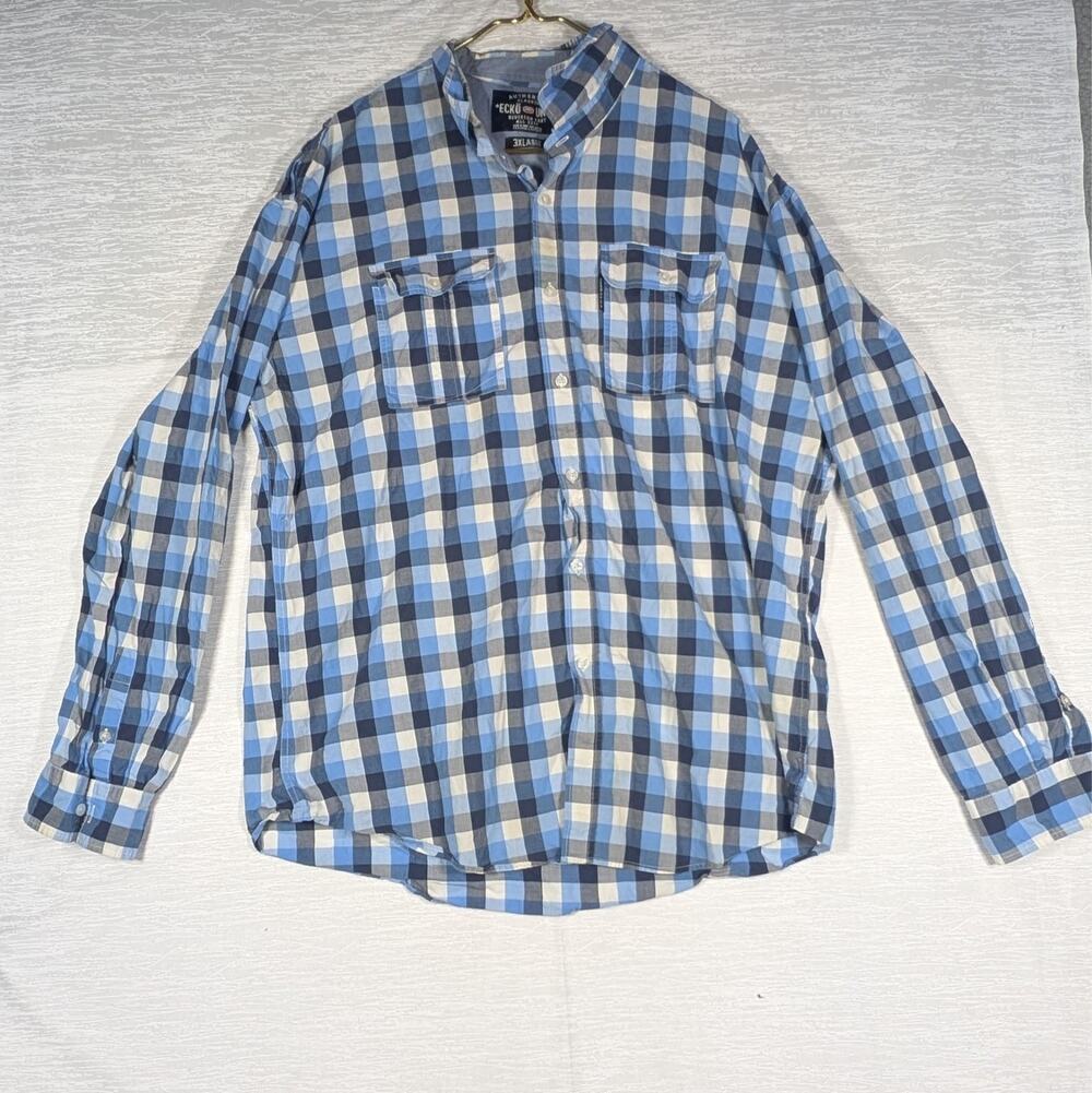 Ecko Unltd Button Down Mens 3XL Blue Grey Plaid Long Sleeve Shirt
